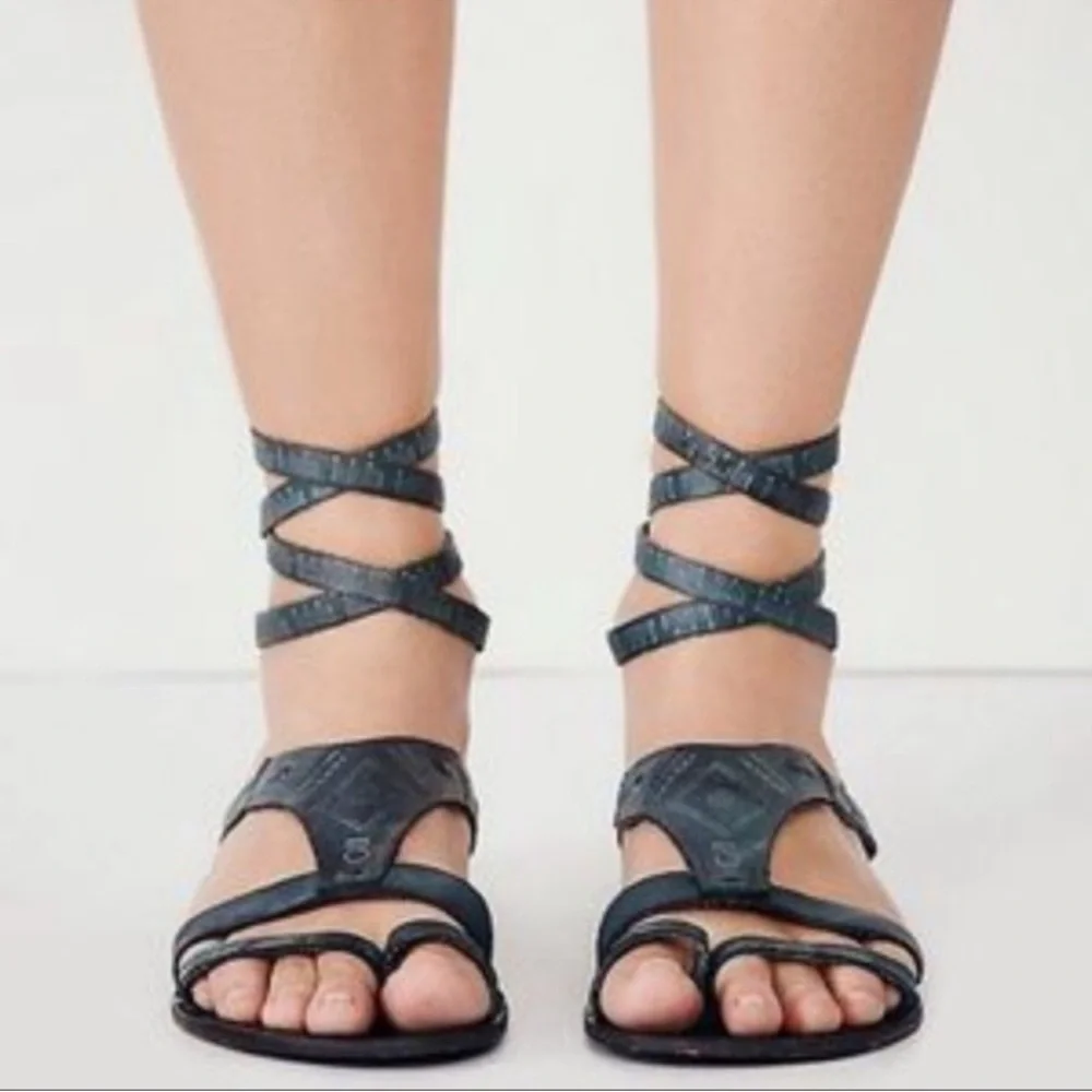 Free People Oliveira Black Leather Ankle Wrap Sandals